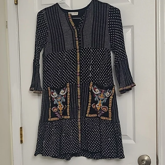 Zara Girls Size 13-14 Boho Embroidered Dress Button Front Cotton Black